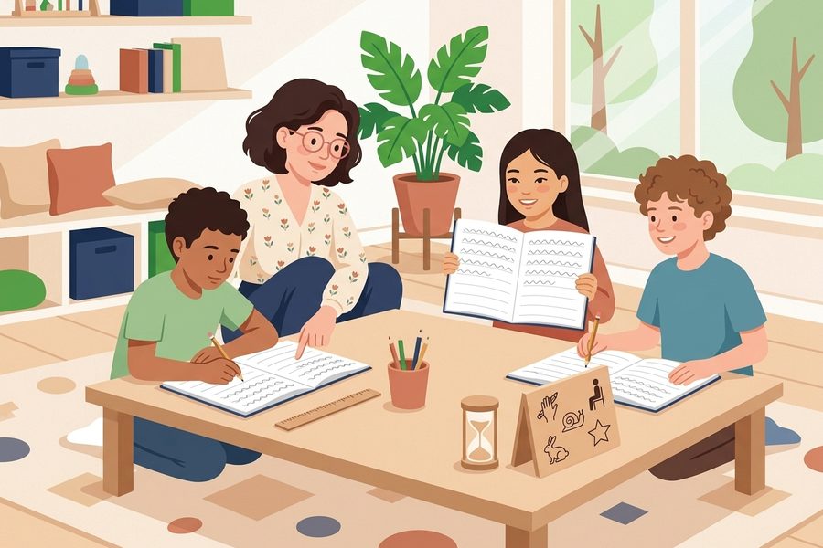 Séance du groupe PEP'S : trois enfants écrivent autour d'une table basse avec la psychomotricienne, l'un d'eux montre fièrement sa page